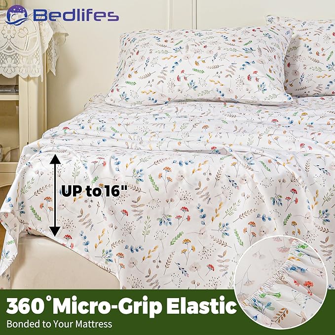 Bedlifes Twin Floral 3-Piece Sheet Set - Cooling Sheets Blend Rayon Derived from Bamboo,Soft & Breathable, Deep Pocket 16", Wrinkle Resistant - Vibrant Boho Floral Design