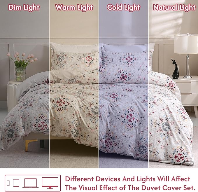 LONAVA Queen Boho 3 Pcs Duvet Cover Set, Breathable Soft Microfiber Concrete Lining Comforter Cover with Zipper Closure, and 2 Anti-Pilling, Fade Resistant Pillowcases, Cream Pasliey