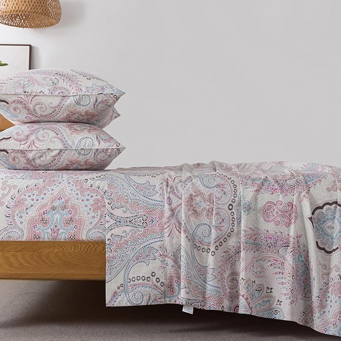 FADFAY 100% Cotton Paisley Damask King Bed Sheet Set, 4-Piece Soft Breathable Vintage Bedding with Deep Pocket Fitted Sheet, Flat Sheet and Pillowcases, All Season Cotton Sheets