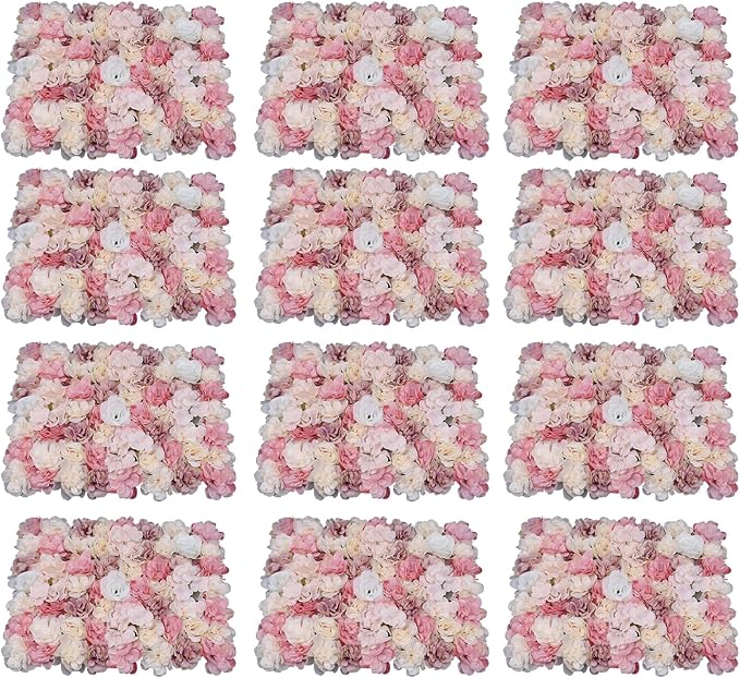 15.74"x 23.62" Artificial Flower Wall Panels,Flower Wall Mat Silk Flower Panels for Outdoor Garden Backyard Fence Fence Privacy Screen and Indoor Wall Decor (12Pcs Pink+White)