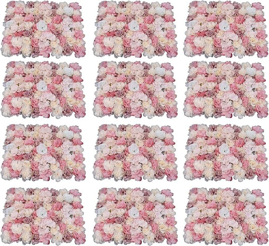 Flower Wall Panel Set, Artificial Wall Flower Backdrop,Artificial Flower Wall Mat Silk Rose Flower Panels,Hydrangea Rose Floral Panel for Party Wedding (12Pcs), LZ-290906