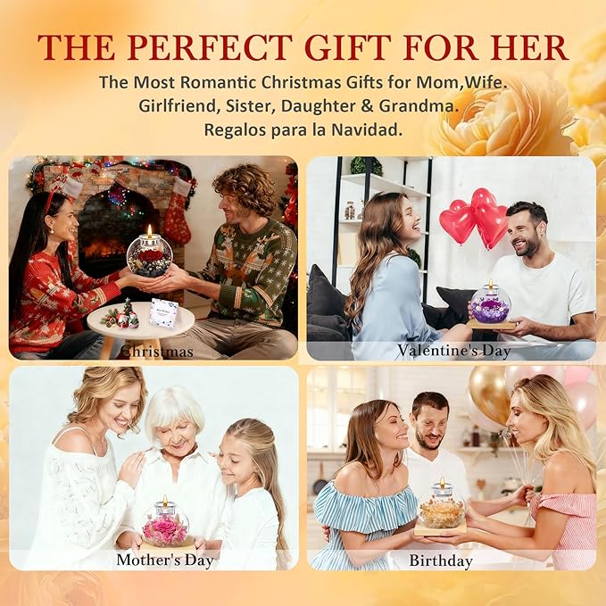 DEEMEI Gifts for Women Christmas Birthday Gifts for Women Preserved Real Rose in Glass Dome with Scented Fresh Flowers for Delivery Prime Eternal for Her Mom Grandma Wife Girlfriend Sister, Purple