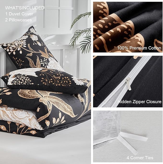 mixinni Black Floral Duvet Cover Full Size, 3 Pieces Garden Style Botanical Flowers Leaves Bedding Set, Soft Cotton Reversible Farmhouse Boho Duvet Cover and 2 Pillowcases for All Season-Full Size