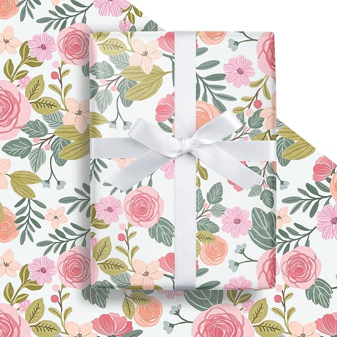 LeZakaa Floral Wrapping Paper Roll, Pink Rose, Flowers & Green Leaves Party Gift Wrap for Wedding, Bridal Shower, Anniversary, Mother's Day, Birthday, 17 inches x 16.4 Feet (23.2 sq.ft.)