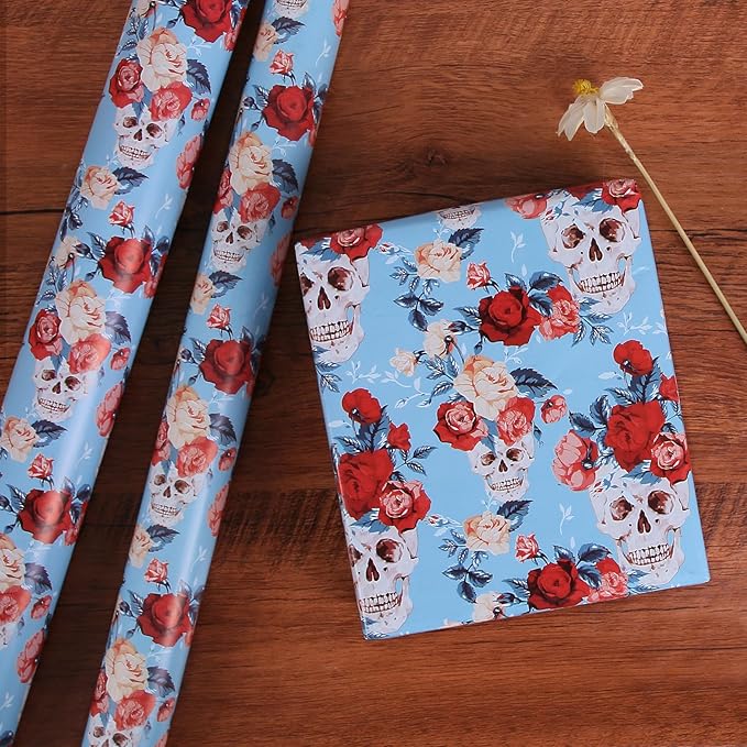 Aimyoo Blue Skull Floral Wrapping Paper Roll 17 in x10ft, Horror Gothic Gift Wrap Paper for Halloween Wedding Bridal Shower