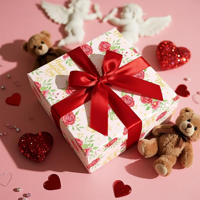 LeZakaa Valentines Wrapping Paper Roll, Pink with Red Rose & Gold “Happy Valentine’s Day” Lettering, Romantic Floral Gift Wrap for Wedding, Anniversary, Birthday, Party, Mini Roll 17in x 16.4 Ft
