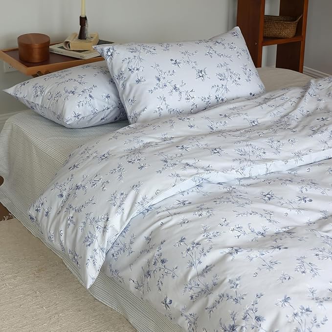 HighBuy Boho Style Comforter Set Full Size Blue Floral Print Bedding Comforters Bohemian Bedding Sets 3 Piece for All Season Comfy Soft Full Bed Comforter with 2 Pillowcases