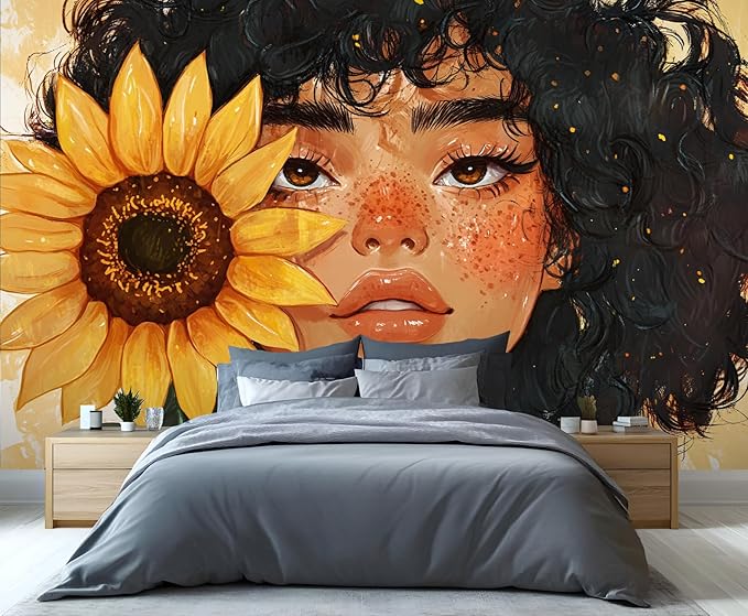 KIREUPA Sunflower Woman Art Wall Mural, Curly Hair Girl with Sunflower 3d Wall Murals, Modern Portrait and Flower Wallpaper Mural, for Living Room Bedroom Large Wallpaper Indoor Decor 137.8" W x100 H