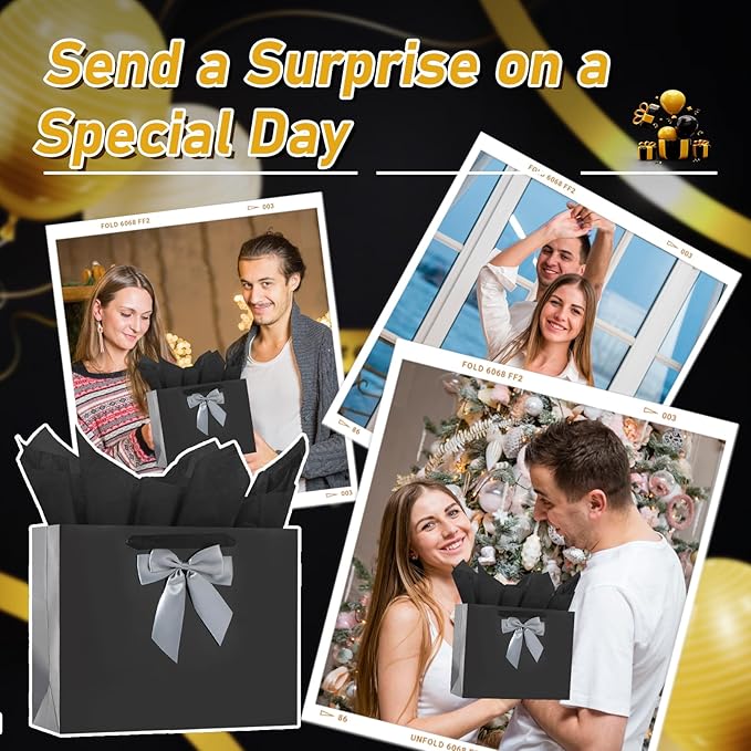 Bloomwords 13" Black Gift Bag Set - 1 Large Paper Bag with Bow, Greeting Card & 2 Tissues, Sturdy Handles for Birthdays, Father’s Day & Special Occasions