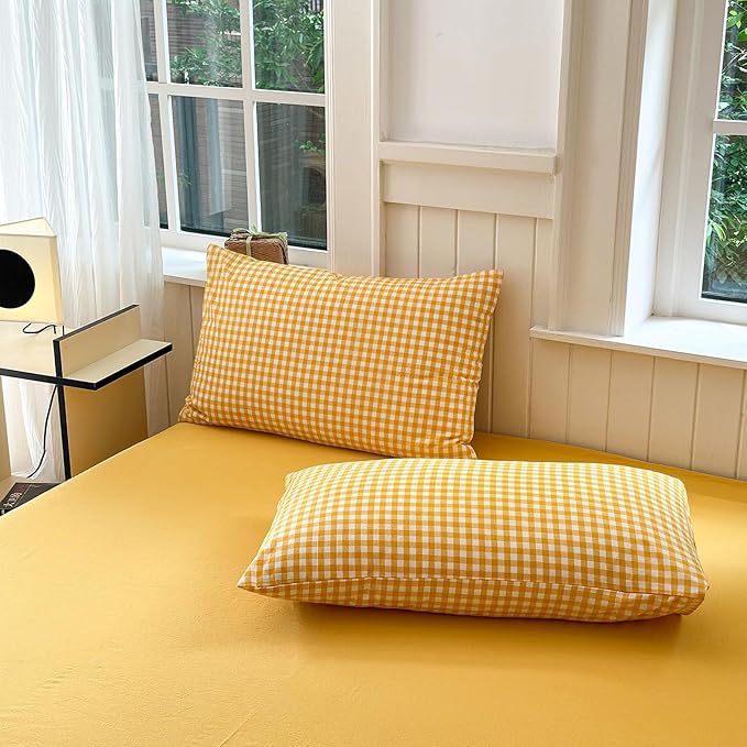 LifeTB Twin XL Comforter Set 3 Pieces Yellow Gingham Comforter Set Geometric Checkered Plaid Printed Bedding Comforter for All Seasons Fluffy Soft Lightweight Gingham Plaid Bedding Set Twin XL