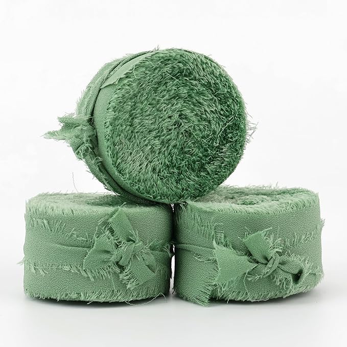 MEEDEE Sage Chiffon Ribbon 1 Inch Green Frayed Ribbons Sage Green Chiffon Silk Light Green Ribbon Thin Chiffon Ribbons for Crafts, Gift Wrapping, Wedding Invitation (3 Rolls 21 Yards)