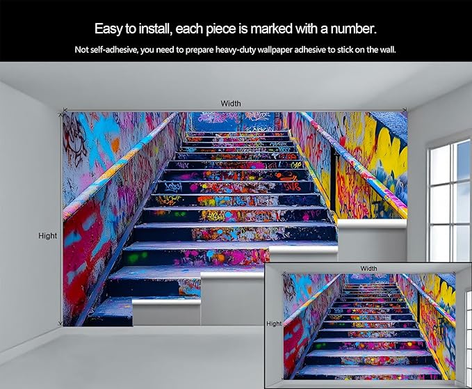 Graffiti Staircase Wall Mural, Urban Street Art 3D Wall Murals, Modern Hip-Hop Colorful Graffiti Steps Wallpaper Mural, for Living Room Bedroom Large Wallpaper Indoor Decor 137.8" W x100 H