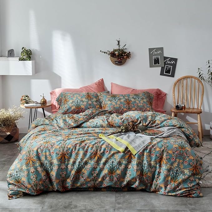 Vintage Flower Duvet Cover Full Percale Cotton Medallion Print Floral Bedding Set Full Farmhouse Bohemian Flower Comforter Cover with 2 Pillowcases Aesthetic Boho Duvet Cover with Zipper Closure