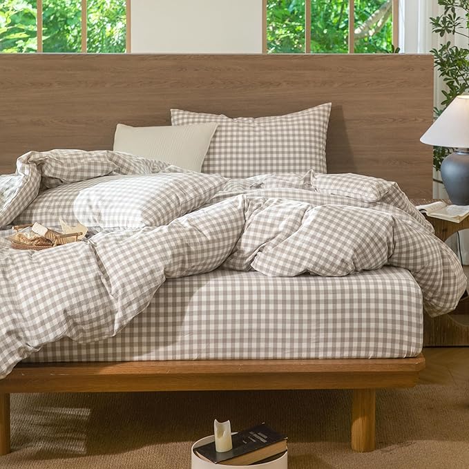MooMee Gingham Duvet Cover Set 100% Washed Cotton Linen Like Textured Breathable Durable Soft Comfy Modern Checkered Design (Tannish Linen Grey Gingham, Cal King 104"x98")