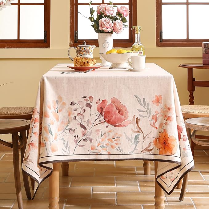 Linen Small Rectangle Tablecloth,French Pink Floral Pattern Wrinkle Free Table Cloth,Decorative Table Cover for Kitchen,Dining,Tea Party,Thanksgiving,Christmas,55"*71"-Sloosa
