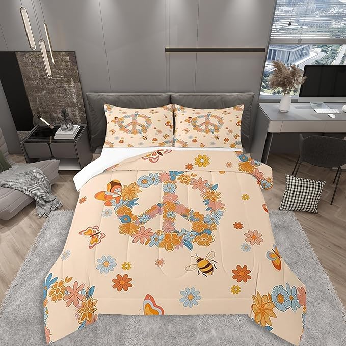 Retro 70s 60s Hippie Comforter Set Twin Size,Groovy Flowers Butterfly Honeybee Quilt Set for Kids Boys Bedroom Collection,Floral Peace Symbol Polyester Bedding with 1 Pillowcase,2Pcs