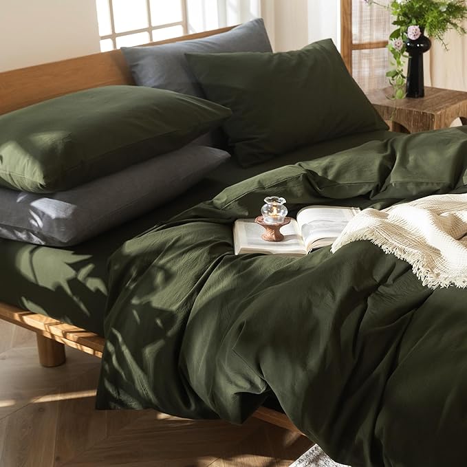 MooMee Bedding Duvet Cover Set 100% Washed Cotton Linen Like Textured Breathable Durable Soft Comfy (Solid Olive Green, Queen 90"x90")