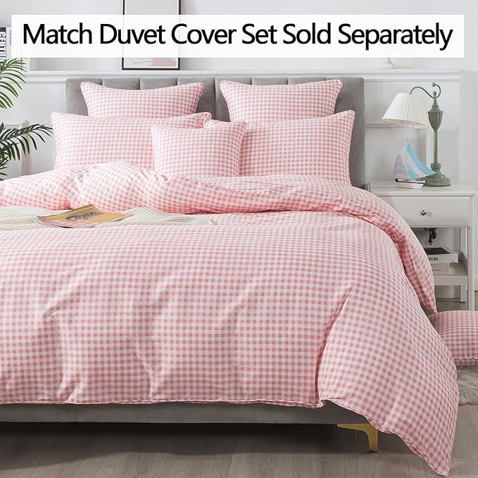 FADFAY Pink Plaid King Size Sheets 100% Cotton Geometric Checker Bedding Teens Grid White Gingham Pattern College Bedding Deep Pocket Sheets with 2 Pillowcases Ultra Soft 4pcs, King Size