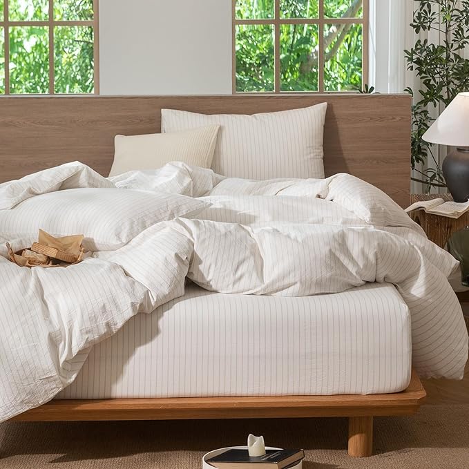 MooMee Striped Duvet Cover Set 100% Washed Cotton Linen Like Textured Breathable Durable Soft Comfy (White Almond Milk Grey Wide Stripes, Queen 90"x90")