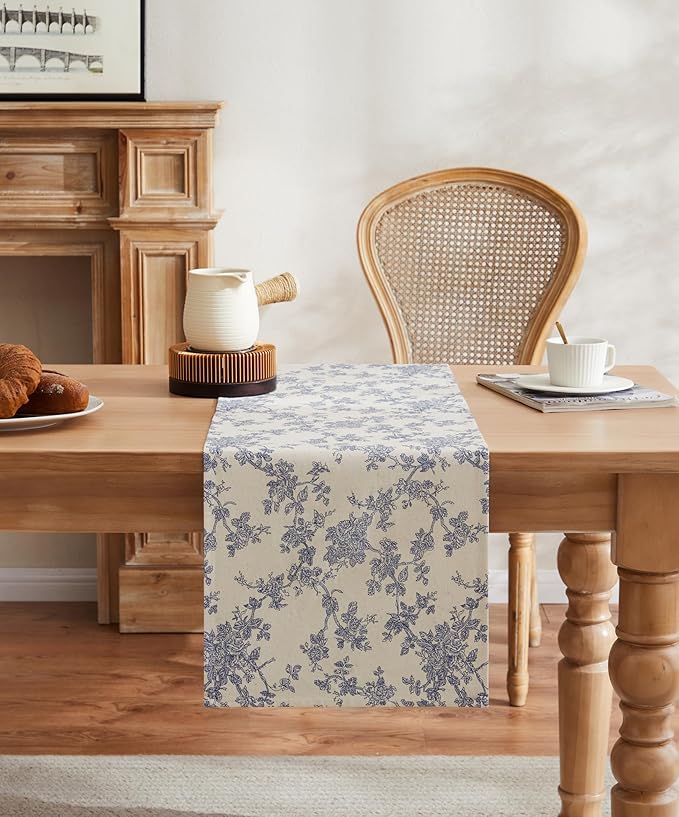 100% Cotton French Pastoral Table Runners, 13x48 Inch Blue Farmhouse Table Runners 48 Inches Long, Vintage Flowers Print Home Decors