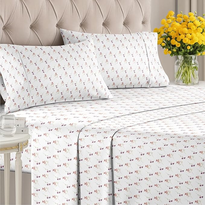 Floral Sheets - Pink & Purple Floral Bed Sheet Set - 1 Flat, 1 Fitted & 2 Pillowcases w/ Deep Pockets - Comfy, Wrinkle & Fade Free - Boho Botanical Bedding - Soft, Breathable & Cooling - Full Size Set