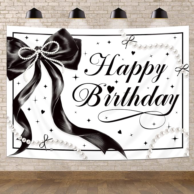 Black Bow Happy Birthday Banner Backdrop 7Wx5H Photography Black White Pearls Bowknot Balloons Girly Female Background Aesthetic Pretty Bday Party Decorations Banner Photo Booth Props Supplies