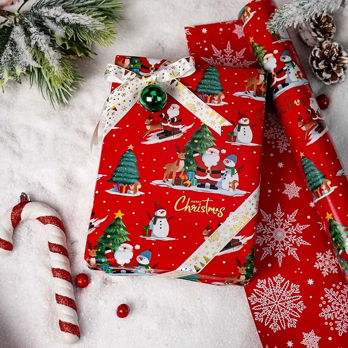 MAYPLUSS Red Christmas Wrapping Paper Roll - 17IN X 33FT - Santa Gift Wrapping Paper Featuring Christmas Tree Santa Claus Snowman Reindeer Reversible Snowflake for Kids, Holiday, New Year