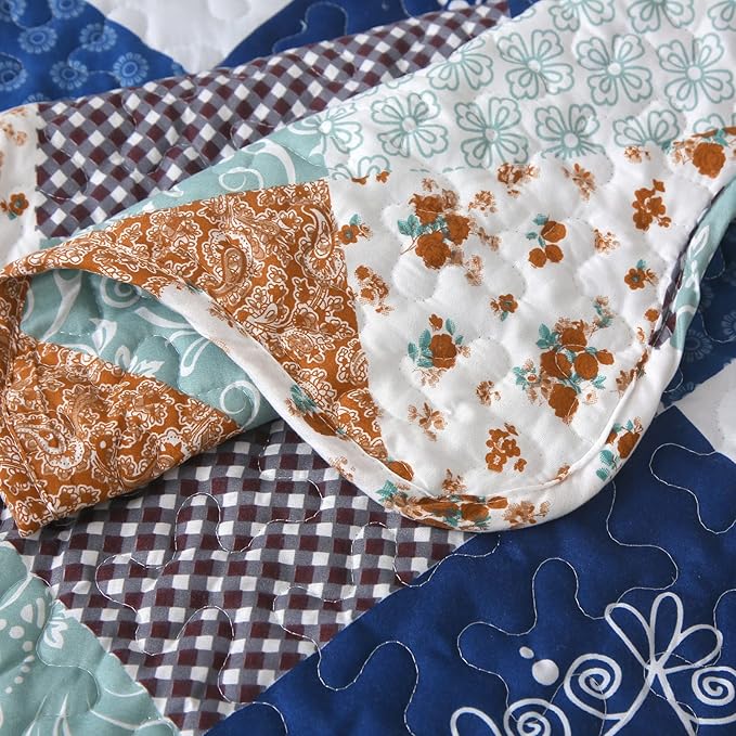 Dinjoy Reversible Patchwork Quilt Bedding Set King Size Blue Green Grey Plaid Floral Pattern Bedspread Set Soft Microfiber Coverlets Bed Set 3 Pieces Fall Autumn All Season Use