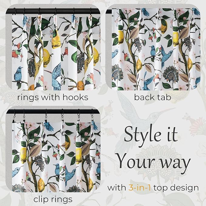 Boho Floral Curtains for Bedroom 63 inch Long 2 Panels Mid Century Botanical Aesthetic Pinch Pleated Drapes,Flower Lemon Bird Printed Thermal Insulated Room Darkening Window Drapes