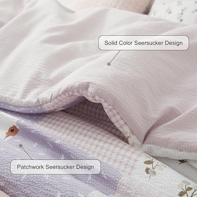 Oli Anderson King Comforter Set, 7 Pieces Misty Pink Floral Seersucker Bed Comforter, Patchwork Reversible Bed in a Bag with Comforter, Sheets, Pillowcases & Shams (Misty Pink, King)
