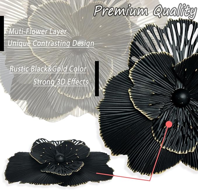 10" Metal Flower Wall Art Decor, Rustic Modern Floral Sculpture, Distressed Iron Wall Hanging Home Decoration Accent Artworks for Indoor Kitchen Bedroom Living Office Outdoor Garden Patio (36C-Black)