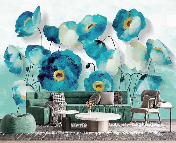 Blue Oil Painting Flowers Wall Mural Wallpaper for Bedroom 103" x 69"