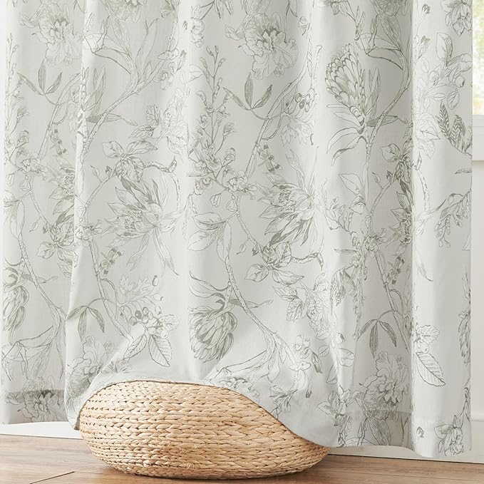 jinchan Floral Curtains 84 Inches Long Charcoal Grey Flower Linen Farmhouse Curtain for Living Room French Country Vintage Curtain Rod Pocket Curtains Set 2 Panels Gray Floral Printed
