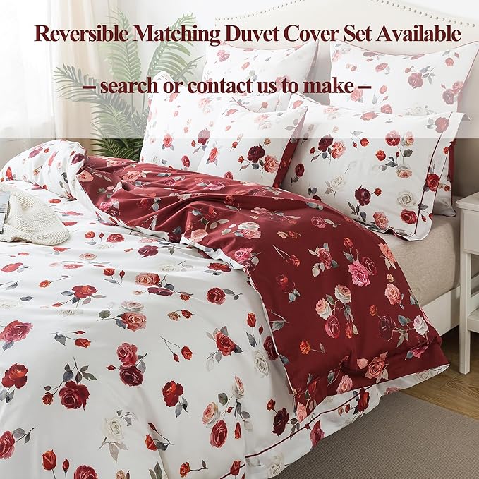 FADFAY Rose Sheets Set Twin XL Vintage White Rose Floral Bedding Shabby College Bedding 100% Percale Egyptian Cotton 800 Thread Count Ultra Soft Deep Pocket Fitted Sheet 4Pcs, Twin XL for Dorm Room