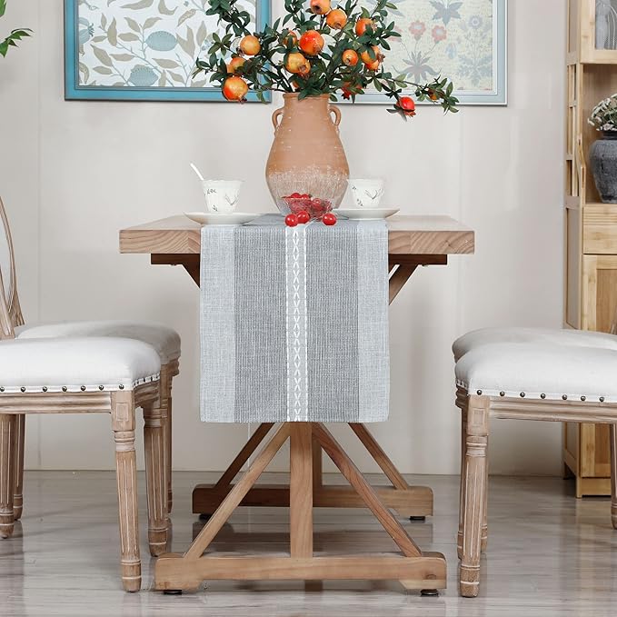 Farmhouse Braided Striped Table Runner Rustic Embroidery Coffee Table Runners for Decorations Weddings Holiday Grey 13x72inch