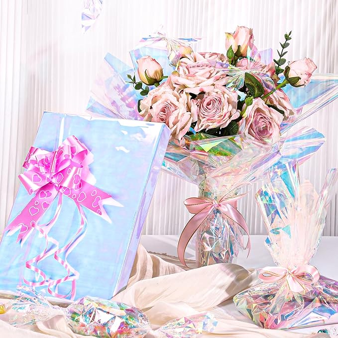 woric Iridescent Cellophane Wrap for Gift Baskets 82 Ft X 17 In Cellophane Wrap Roll Gift Basket Wrapping Plastic for Christmas Candy Basket Treats Flower Birthday Gifts DIY Crafts (Iridescent Blue)
