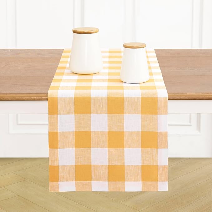Solino Home Linen Checkered Table Runner 108 Inches Long - 100% Pure Linen Mustard and White Buffalo Check Table Runner 14 x 108 Inch Ideal for Dining, Spring, Easter