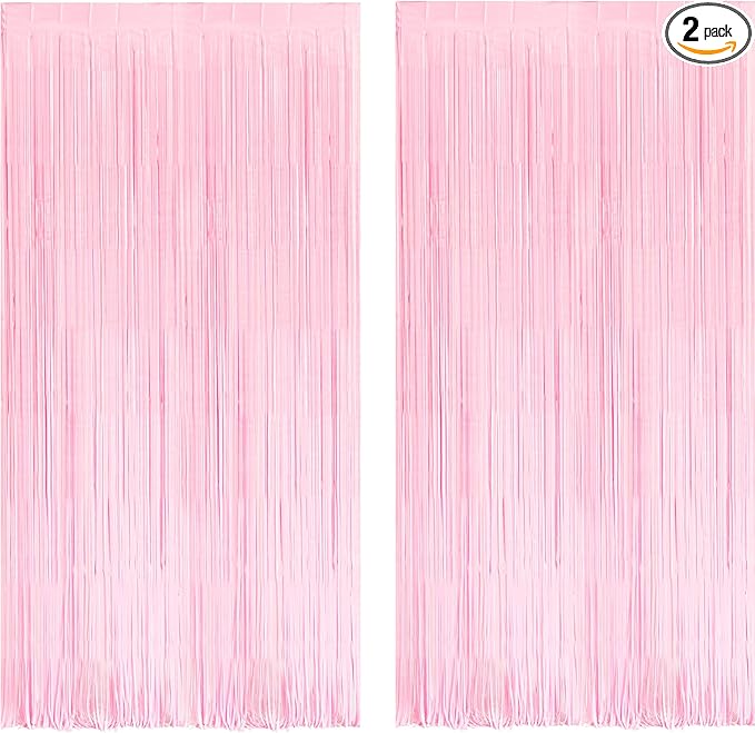 BRAVESHINE Pastel Pink Foil Fringe Curtains Tinsel Backdrop - 2 Pack Photo Booths Party Streamers for Christmas Snowflake Girls Princess Birthdays Baby/Bridal Shower Bachelorette Sweet Bow Decorations