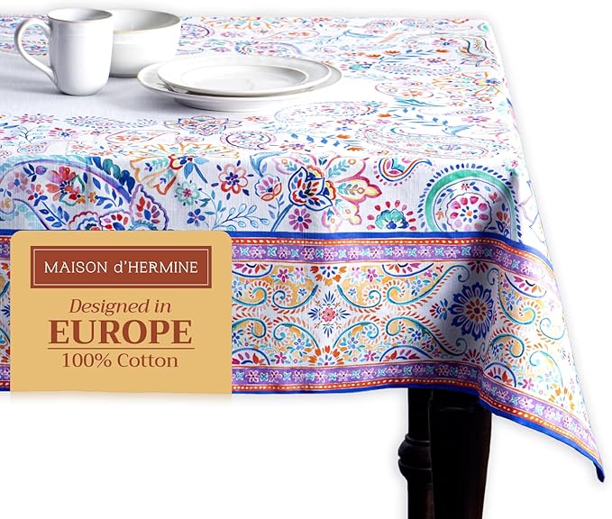 Maison d' Hermine Table Cloth Rectangle Table 100% Cotton 60 x 90 Inches Tablecloth Reusable Decorative for Dining Room, Farmhouse, Home, Party, Festive & Wedding Spring Summer - Indian Floral