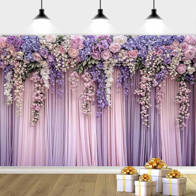 10x8ft Purple Flower Wedding Photography Backdrop Lavender Floral Wedding Bridal Photography Backdrop Anniversary Birthday Baby Shower Girl Party Banner Photo Booth Props Background Wall Decor