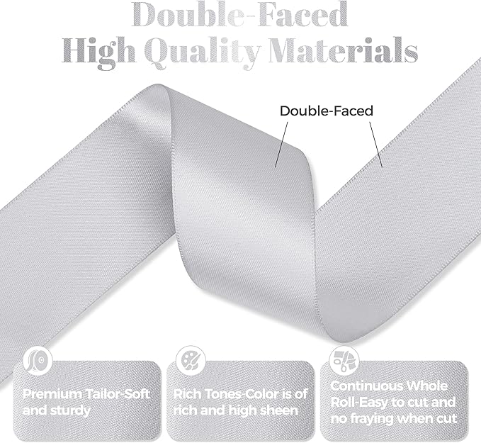 Premium Double Faced Satin Ribbon, 1-1/2 Inch X 25 Yards, Silver, Perfect for Gift Wrapping, Crafts, Wedding Decor