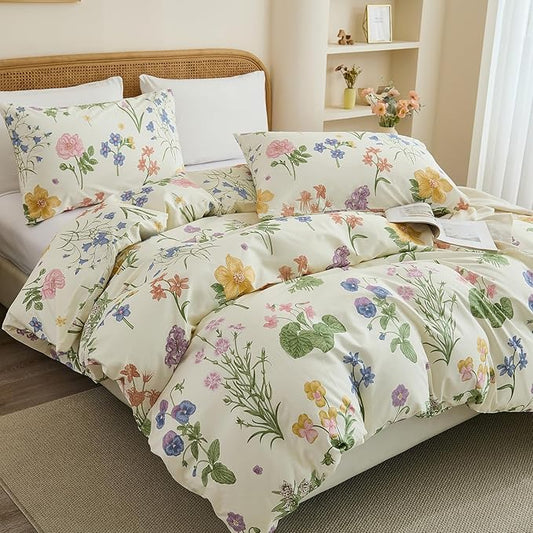 100% Cotton Duvet Cover King Size – Botanical Garden Print, Green Floral Duvet Cover Set with Zipper Closure, 3-Piece Soft Breathable Natural Cotton Bedding Set for All Seasons