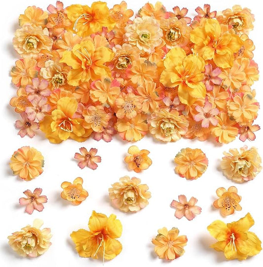 210Pcs Mini Fall Fake Flower Heads Orange Small Silk Faux Flower Heads Artificial Rose Daisy Multicolor Flowers Bulk for Cake Crafts DIY Graduation Cap Wedding Hair Dresses Wreath Party Home Decor