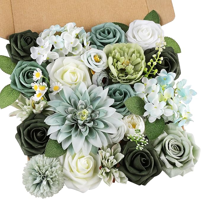 AmyHomie Forest Sage Green White Artificial Flowers Combo Silk Rose Fake Flowers w/Stem for DIY Wedding Bouquets Centerpieces Arrangements Table Decor Party Bridal Baby Shower Christmas Decorations