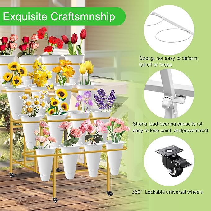 Flower Display Stand with 16PCS Buckets, 4 Layers Flower Cart Display Stand with Wheels Heavy Duty Metal Flower Bar Stand for Florist Shop, Patio Garden and Living Room - Gold