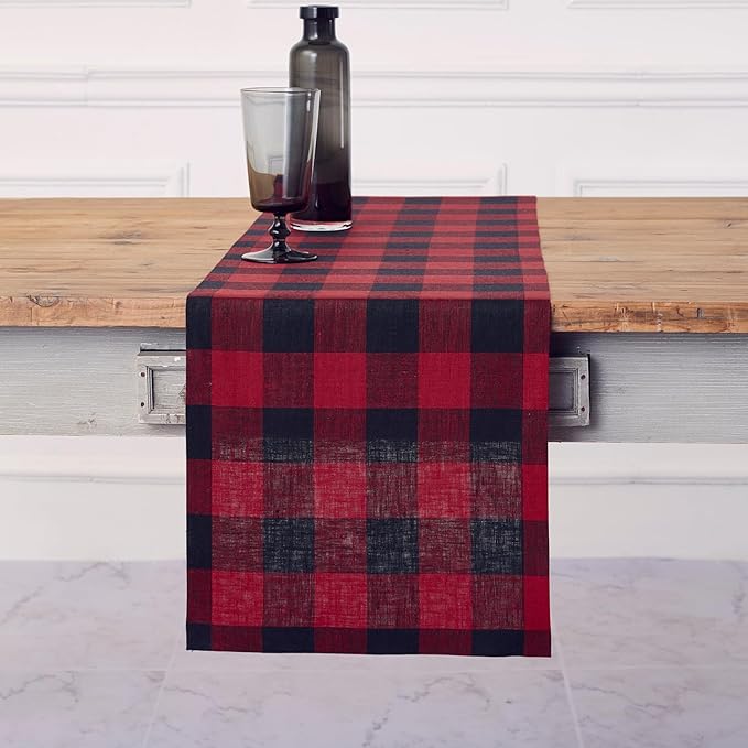 Solino Home Linen Checkered Table Runner 120 Inches Long - 100% Pure Linen Red and Black Buffalo Check Table Runner 14 x 120 Inch Ideal for Dining, Winter