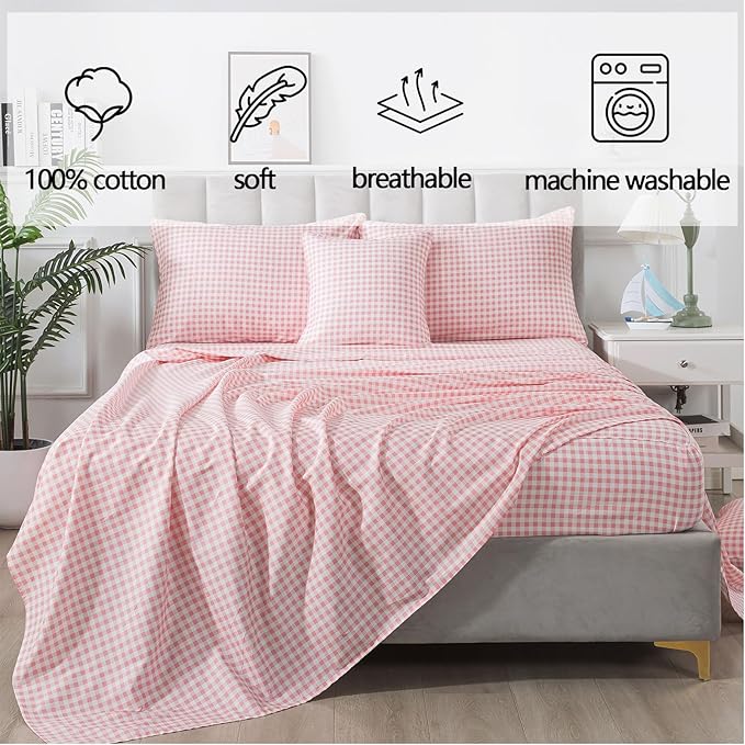 FADFAY Pink Plaid Cal King Size Sheets 100% Cotton Geometric Checker Bedding Teens Grid White Gingham Pattern College Bedding Deep Pocket Sheets with 2 Pillowcases Ultra Soft 4 pcs, Cal King Size