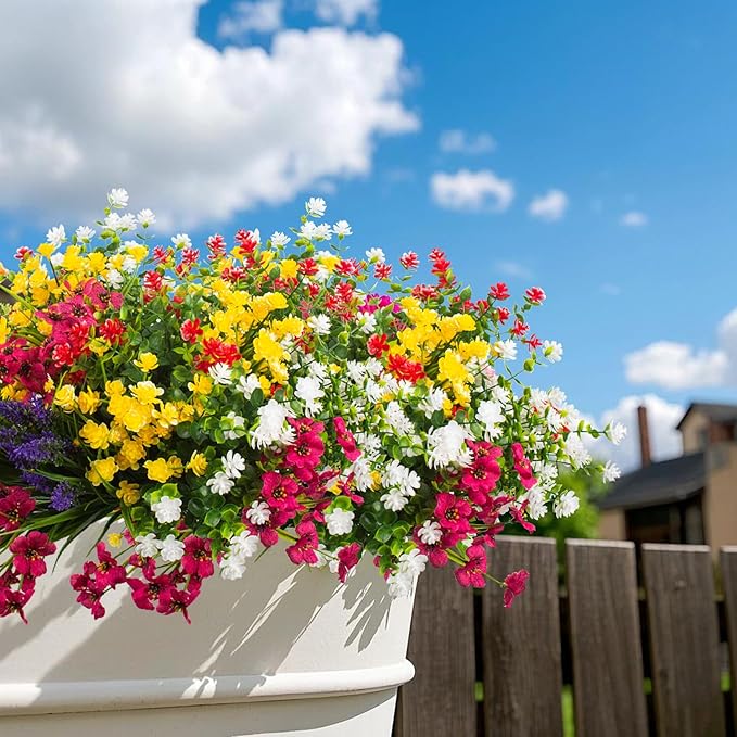 20 Bundles Artificial Flowers for Outdoors, UV Resistant Fake Plants, Faux Plastic Flowers for Home, Window Box, Porch, Indoor, Cemetery, Fall, Summer Decor