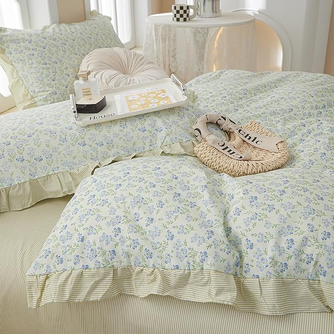 LifeTB Green Floral Comforter Set Twin XL Romantic Ruffled Comforter Blue Flower Bedding Comforter Set Soft Microfiber Floral Bedding Set Lightweight Fluffy Vintage Botanical Comforter for All-Season
