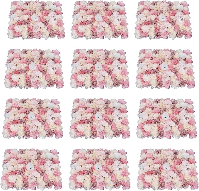12 PCS Artificial Flowers Wall Decoration 24" x 16" Decorative Rose Hydrangea Flower Panels Flower Wall for Home Party Wedding Christmas Festival Photo Backgdrop Decor (12 Pcs, Pink+Yellow)